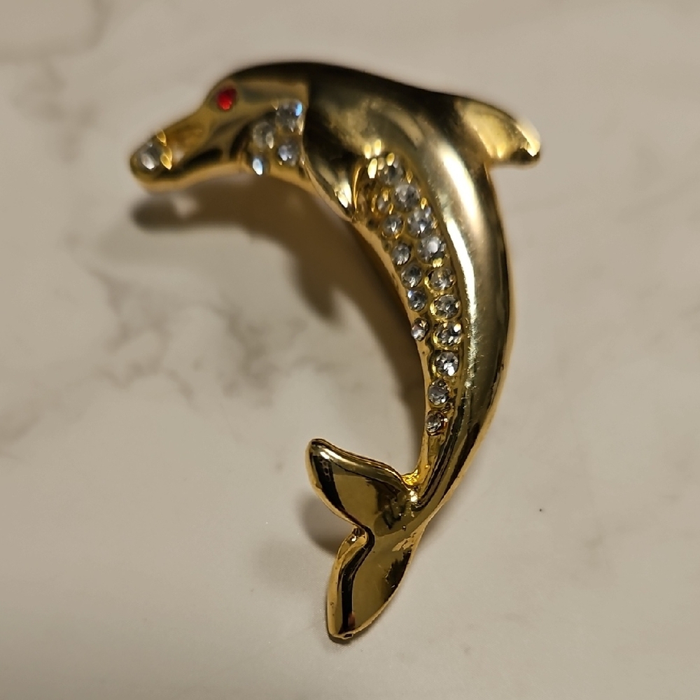 Vintage Goldtone Dolphin Brooch with Rhinestones